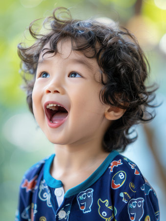 A young boy with curly hair expresses happiness, laughing joyfully while enjoying outdoor playtime on a sunny day.の素材