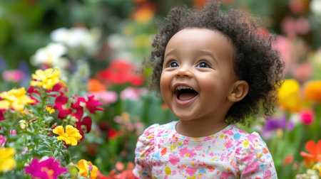 A cheerful young child with curly hair laughs joyfully as she enjoys the beauty of blooming flowers in a colorful garden.の素材