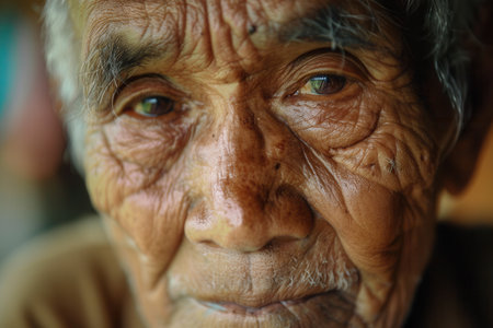 An elderly man from diverse ethnic backgrounds displays a profound sense of wisdom and tranquility, with deep-set eyes and intricate facial lines revealing his life experiences.の素材
