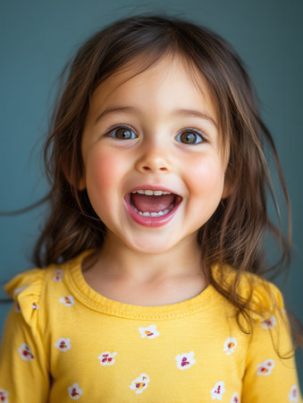 A cheerful girl with long, wavy hair and a big smile radiates happiness while dressed in a yellow top with playful patterns.の素材