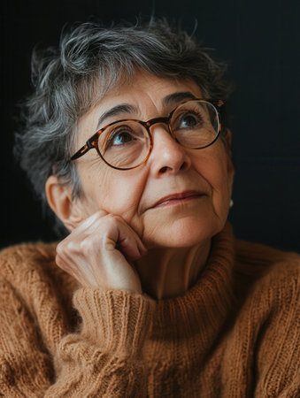 An older woman appears pensive, resting her chin on her hand as she looks upward, dressed in a warm, knitted sweater, showcasing a moment of reflection.の素材
