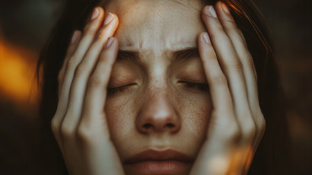 The individual with closed eyes and hands on the head expresses deep stress and anxiety while surrounded by a natural environment.の素材