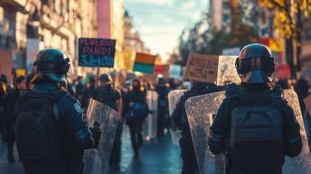 Protesters carry placards demanding justice while law enforcement, equipped with riot shields, maintains order amid growing tensions during the march.の素材