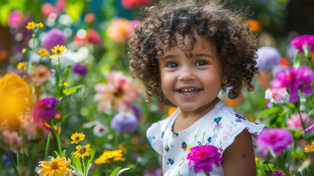 A joyful young girl explores a lush garden filled with bright flowers, radiating happiness and curiosity on a sunny day.の素材