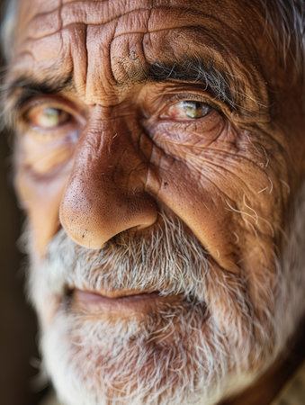 An elderly man reflects wisdom and calmness in his expression, showing the beauty of age and experience against a serene backdrop at dusk.の素材