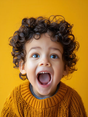 A joyful young child with curly hair expresses excitement with a big smile, dressed warmly in a cozy sweater, enjoying indoor play.の素材