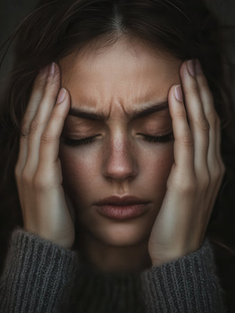 A young woman struggles with anxiety, her hands on her head as she closes her eyes, clearly overwhelmed by her thoughts.の素材