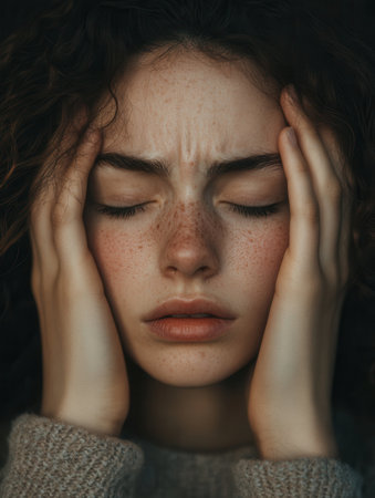 A young woman sits quietly with her eyes shut tightly, hands on her head, conveying deep stress and anxiety in a low-light room.の素材