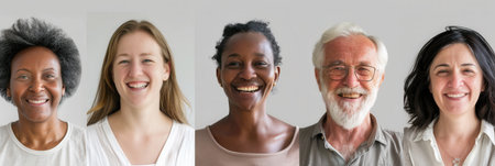 Five cheerful individuals of varied ages and backgrounds share smiles, highlighting friendship and community in a light-filled setting.の素材