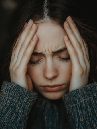 A young woman shows visible signs of stress and anxiety, sitting quietly with her eyes closed and hands pressed against her forehead.の素材