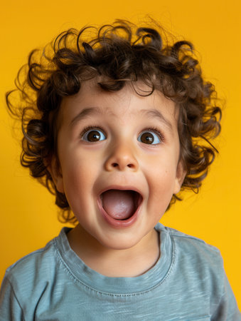 A joyful young child with curly hair expresses excitement with a wide smile against a vibrant yellow backdrop.の素材