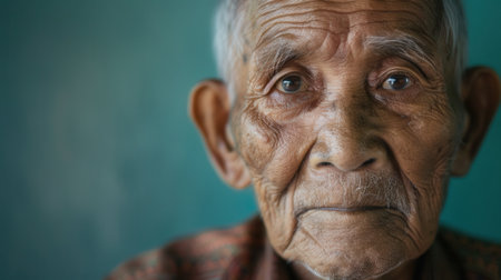 An elderly man reflects wisdom and calmness, showcasing a rich life through deep-set eyes and weathered skin, set against a softly colored background.の素材