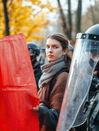 Protesters stand defiantly with placards, confronting law enforcement equipped with riot shields during a demonstration for social justice.の素材