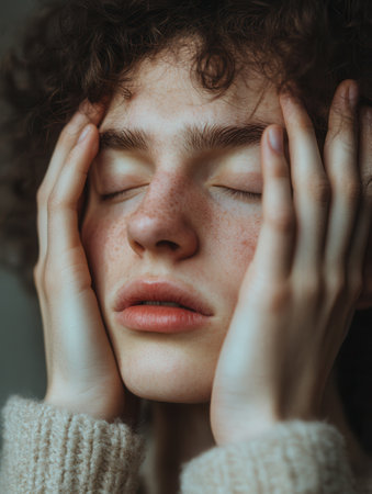 A young individual sits quietly with eyes closed, hands resting thoughtfully on their head, reflecting feelings of stress and anxiety.の素材