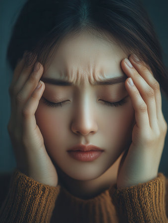 A young woman expresses deep stress and anxiety, with her hands on her head and eyes closed in a calm, dimly lit setting.の素材
