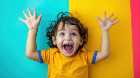 A child with curly hair grins widely, lying on a vibrant background of yellow and teal, showing pure joy and enthusiasm.の素材