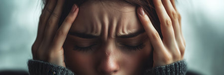 A young person rests with closed eyes and hands on their head, visibly experiencing stress and anxiety in a tranquil atmosphere.の素材