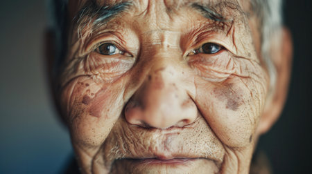 An elderly man reflects wisdom through his expressive features, revealing a life rich with experiences and serene calmness in a softly lit environment.の素材