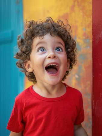 A young child with curly hair expresses pure joy, laughing heartily in front of a vibrant, colorful wall on a sunny day.の素材
