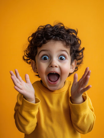 A joyful child with curly hair shows excitement, wearing a yellow sweater and expressing delight with wide eyes and an open-mouthed smile.の素材