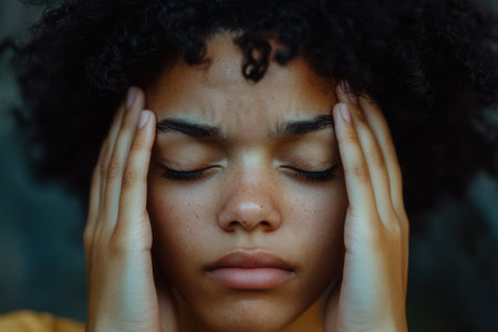 A young individual with curly hair sits quietly, eyes closed and hands on their head, expressing feelings of stress and anxiety.の素材