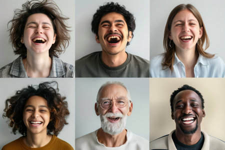 A diverse group of six individuals expresses happiness through joyful laughter, showing the power of shared moments.の素材