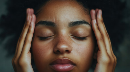 A person expresses feelings of stress and anxiety while sitting quietly with eyes closed and hands resting on their head indoors.の素材