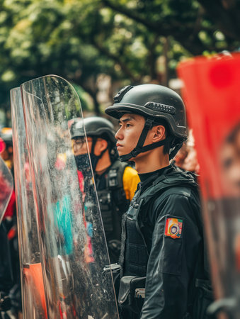 Protesters gather with placards advocating for rights as law enforcement stands ready with shields, apprehending individuals involved in the demonstration.の素材