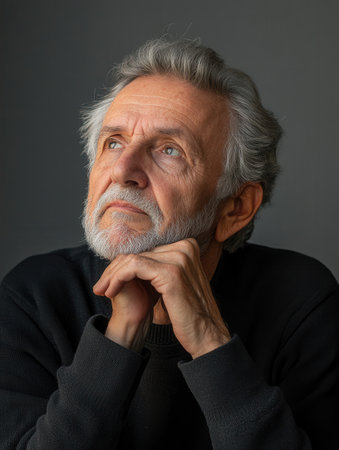 An elderly man with gray hair and a beard contemplates thoughtfully, resting his chin on his hands, illuminated by soft indoor evening light.の素材