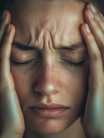 A woman holds her head with both hands, eyes closed tightly, visibly overwhelmed by stress and anxiety.の素材