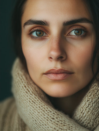 A woman with striking green eyes stars softly at the camera, wrapped in a warm scarf, highlighting her natural features and serene expression.の素材