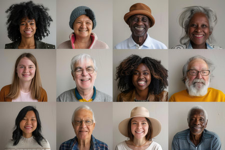 Twelve individuals of different ages and ethnicities share warm smiles, showing diversity and happiness in a simple setting.の素材