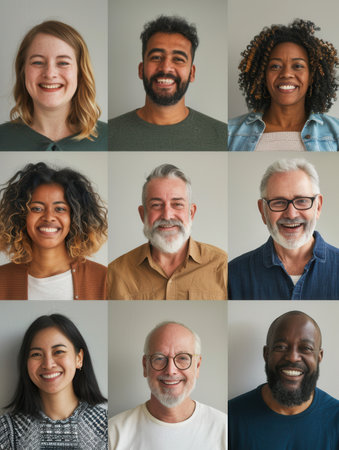 A bright and inviting setting features a diverse group of individuals with different hairstyles and clothing, all sharing warm smiles.の素材