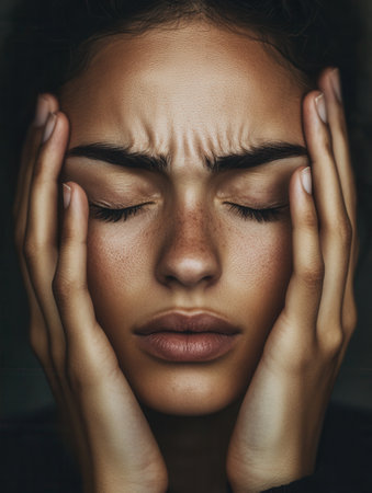 A young woman closes her eyes and rests her hands on her head, revealing distress and anxiety in a low-light environment.の素材