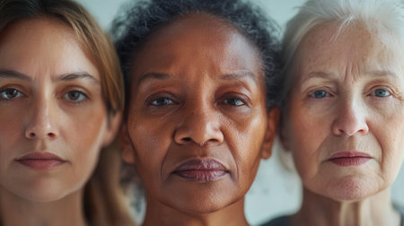 The image features three women, each representing different ethnic backgrounds, standing closely together with serious expressions, highlighting their unique facial features.の素材