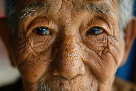 An elderly man embodies wisdom and tranquility, with deeply creased skin reflecting a lifetime of experiences, captured in a calming indoor atmosphere.の素材