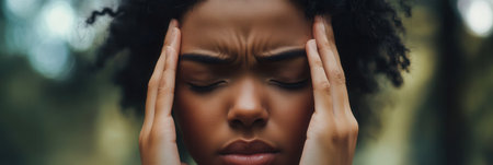 A person with closed eyes and hands placed on their head is grappling with feelings of stress and anxiety in a serene outdoor environment.の素材