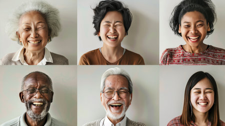 A joyful gathering of six individuals from diverse backgrounds sharing smiles in a light-filled indoor space, celebrating the community.の素材