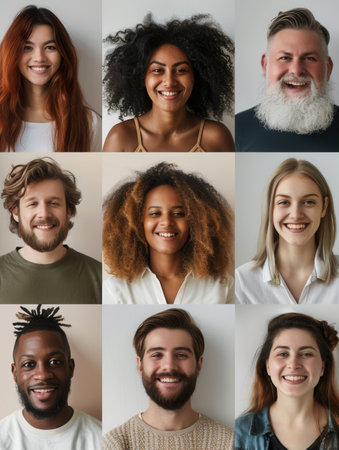 A cheerful collection of nine people with different hairstyles and backgrounds, displaying happiness in a light-filled indoor environment.の素材