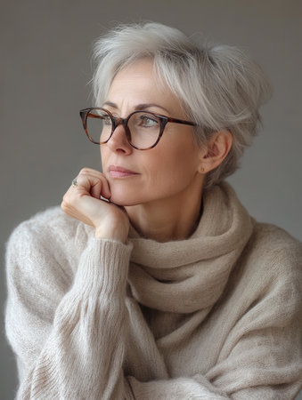 A woman with short silver hair rests her chin on her hand while wearing a soft sweater, gazing thoughtfully in a calm indoor environment.の素材