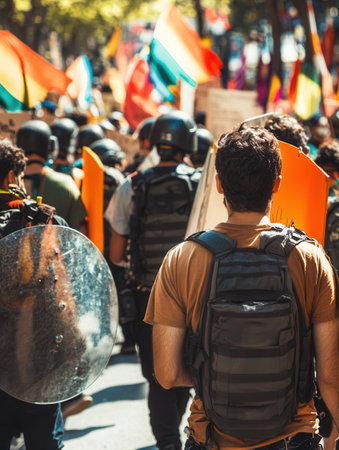 Demonstrators advocate for their rights while law enforcement stands ready with shields, leading to escalating tensions and several arrests.の素材