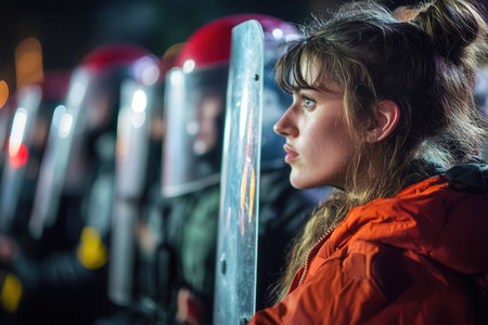 Demonstrators hold placards while facing law enforcement, showcasing tension and the struggle for civil rights during a nighttime protest.の素材