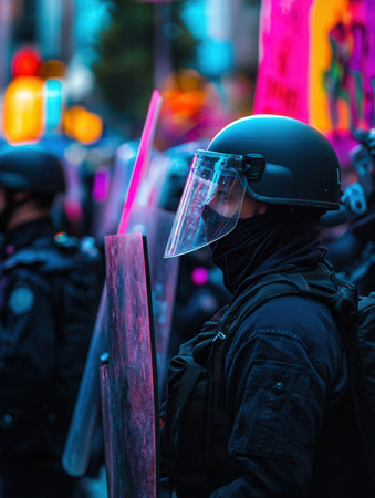 A large group of protesters holds placards expressing their demands while law enforcement stands ready with riot shields, enforcing order amid escalating tensions.の素材