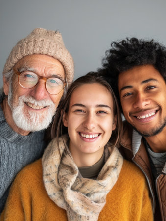 Three smiling individuals, an older man with glasses, a young woman, and a young man, share a moment of joy in a warm indoor space.の素材