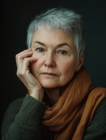 An older woman, with short gray hair and wearing a warm scarf, rests her chin on her hand, reflecting thoughtfully in a softly lit space.の素材