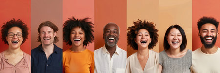 A cheerful group of diverse individuals shares laughter in front of a warm, colorful genuine backdrop, radiating positivity.の素材