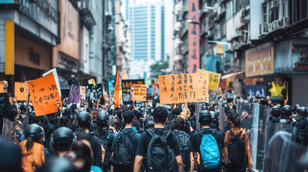 Demonstrators fill the streets with colorful placards while law enforcement, equipped with shields, maintain order amid rising tensions during the protest.の素材
