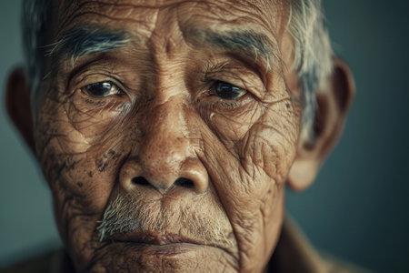 A close-up portrait captures the essence of an elderly man from various cultural backgrounds, reflecting wisdom and tranquility in his expressive features.の素材