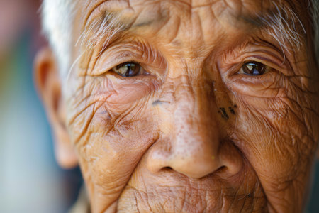 An elderly man from various ethnic groups conveys a sense of wisdom and calmness through his expressive features and deep-set eyes.の素材