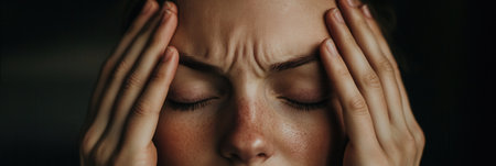 A young individual shows signs of stress and anxiety with closed eyes and hands pressed against their head in a serene room.の素材